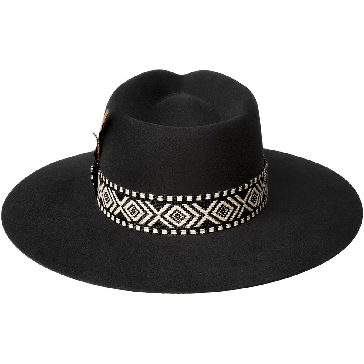Black fedora hat with a decorative band on a white background