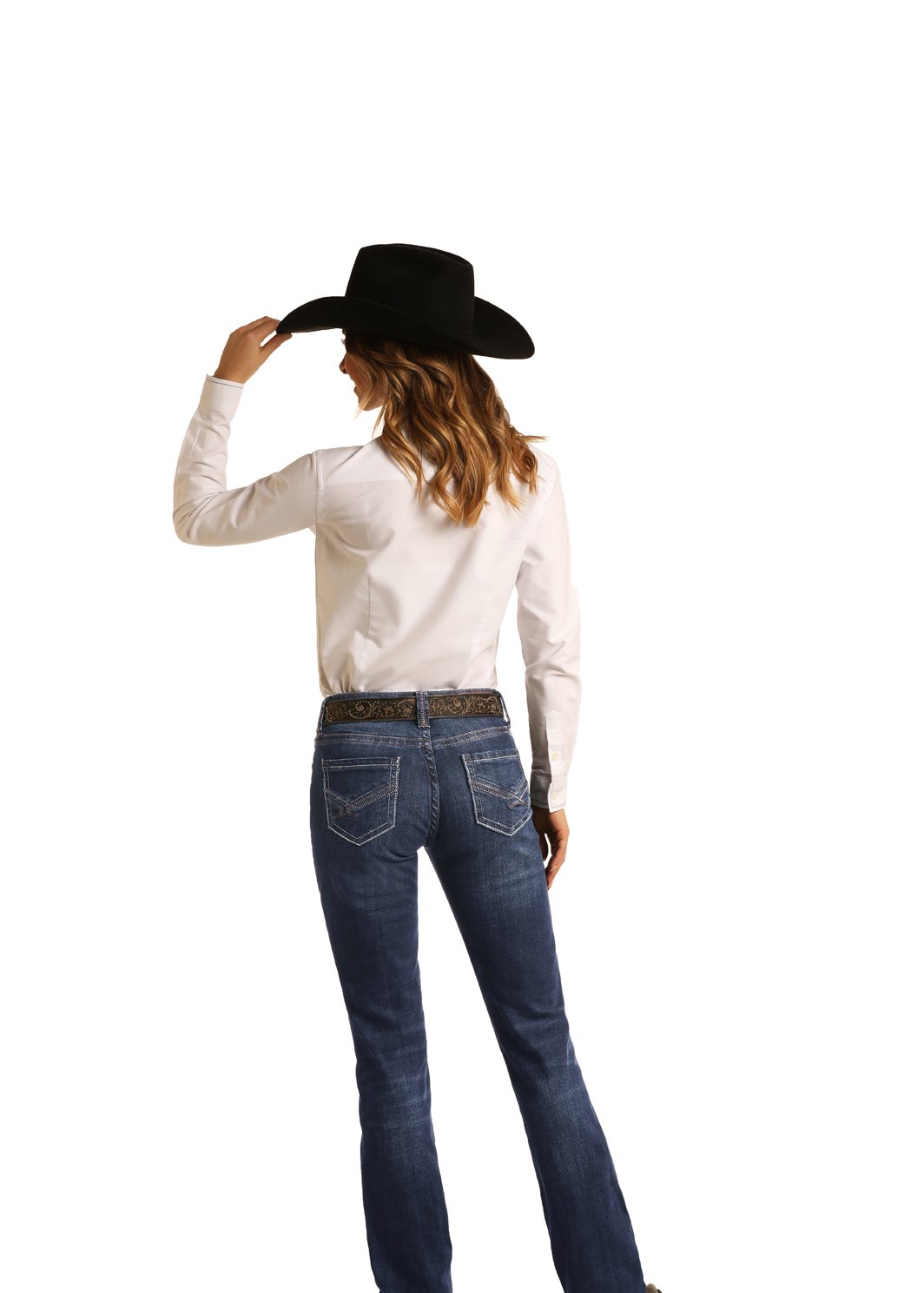 Person wearing a white shirt, blue jeans, and a black cowboy hat on a white background