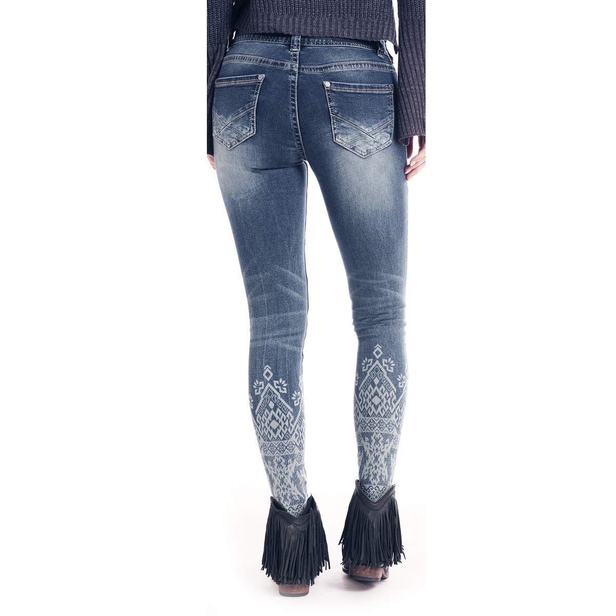 Blue jeans with white patterns and black fringes on a white background