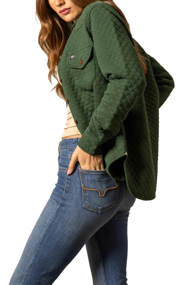 
                  
                    Person wearing a green quilted jacket and blue jeans on a white background
                  
                