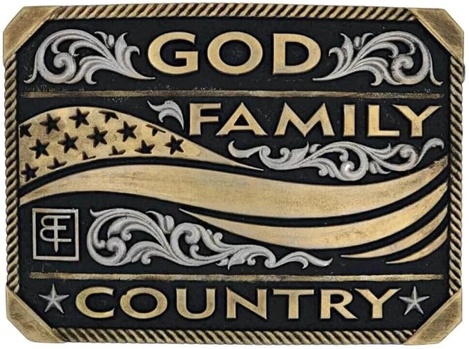 
                  
                    Square Montana Silversmiths Western Belt Buckle With God, Family, Country Design
                  
                