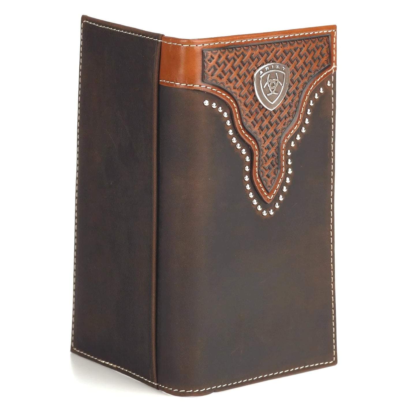Front view of the ARIAT Basket Weave Sunburst Rodeo Wallet featuring premium leather craftsmanship and western styling.