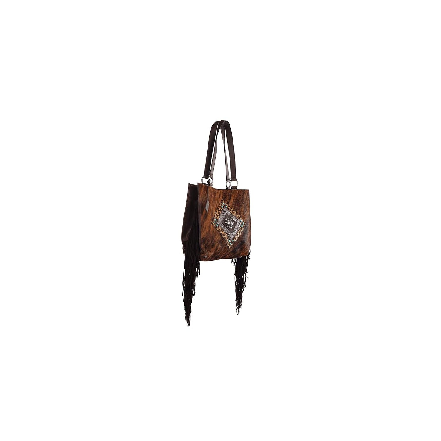Brown Ariat Western leather tote bag with genuine calf hair details, sturdy shoulder straps, and a roomy everyday carry design.