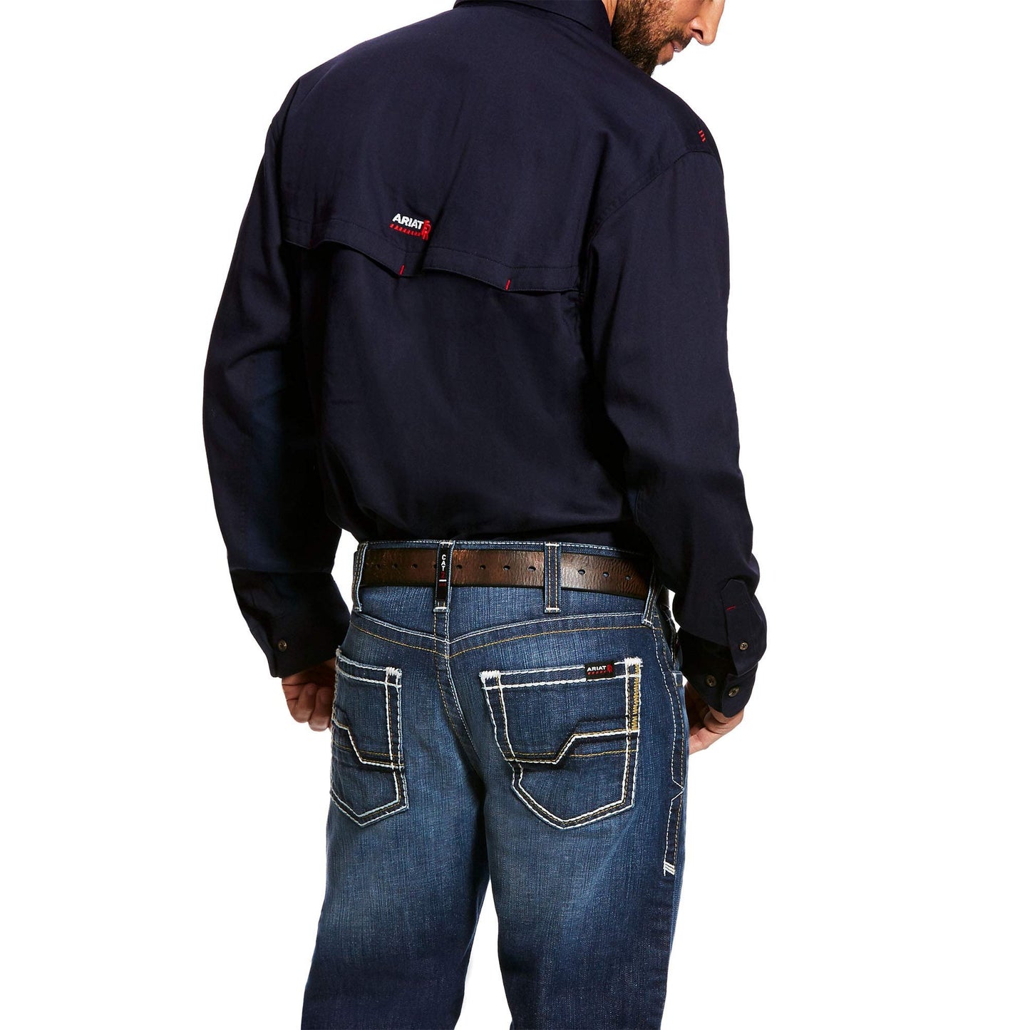 Back view of Ariat FR Solid Vent work shirt featuring breathable vented construction.
