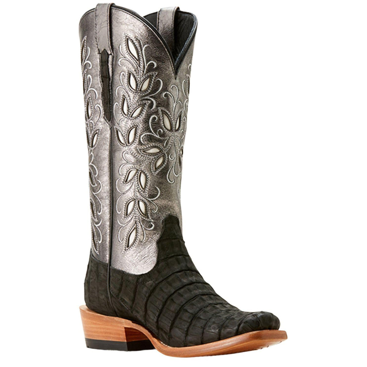 Front view of Ariat Women's Futurity Silk Black Sueded Caiman Boot