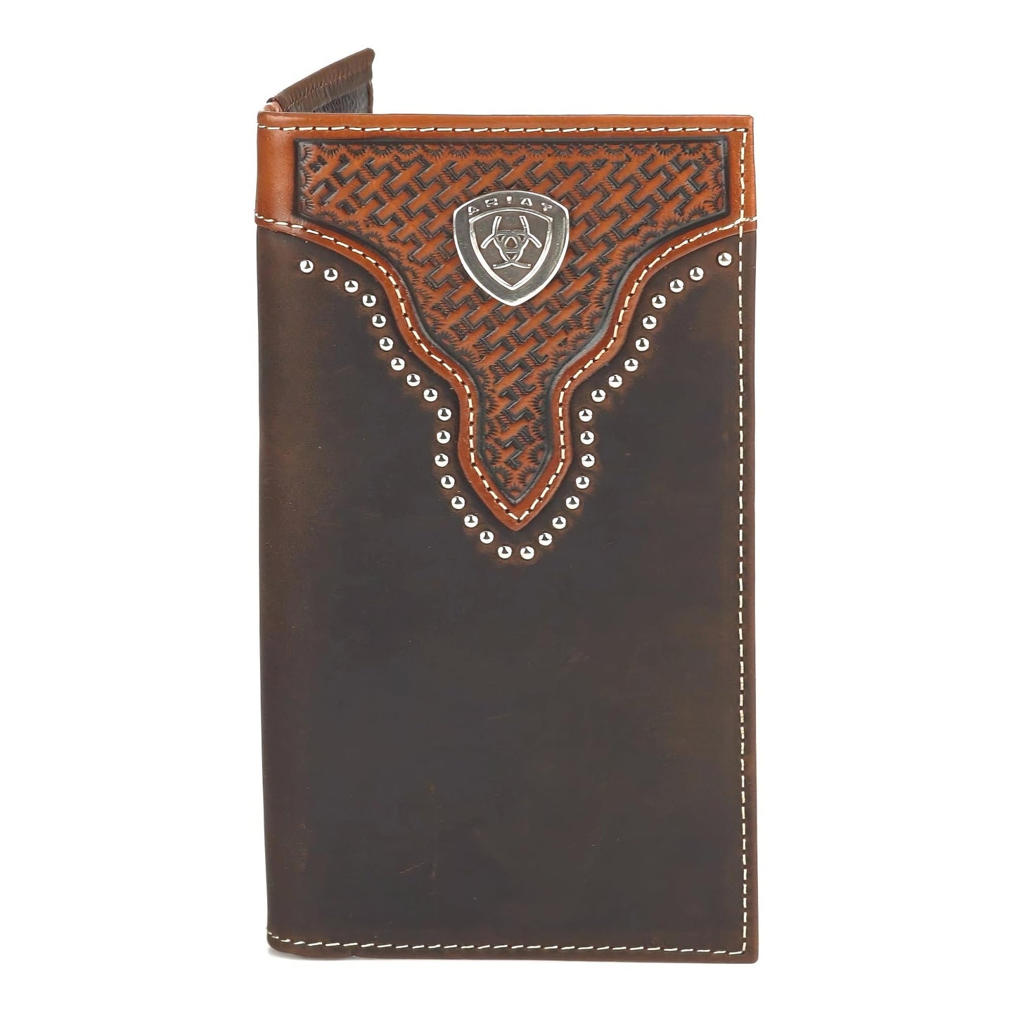 ARIAT Men's Basket Weave Sunburst Rodeo Wallet in genuine brown leather with embossed western detailing and stud trim.