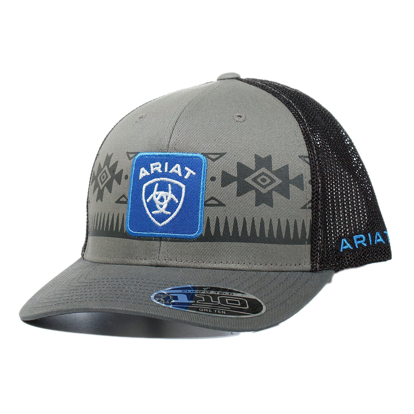 ARIAT Men's Flexfit 110 Southwest snapback hat featuring a grey front, black mesh back, and adjustable western style.