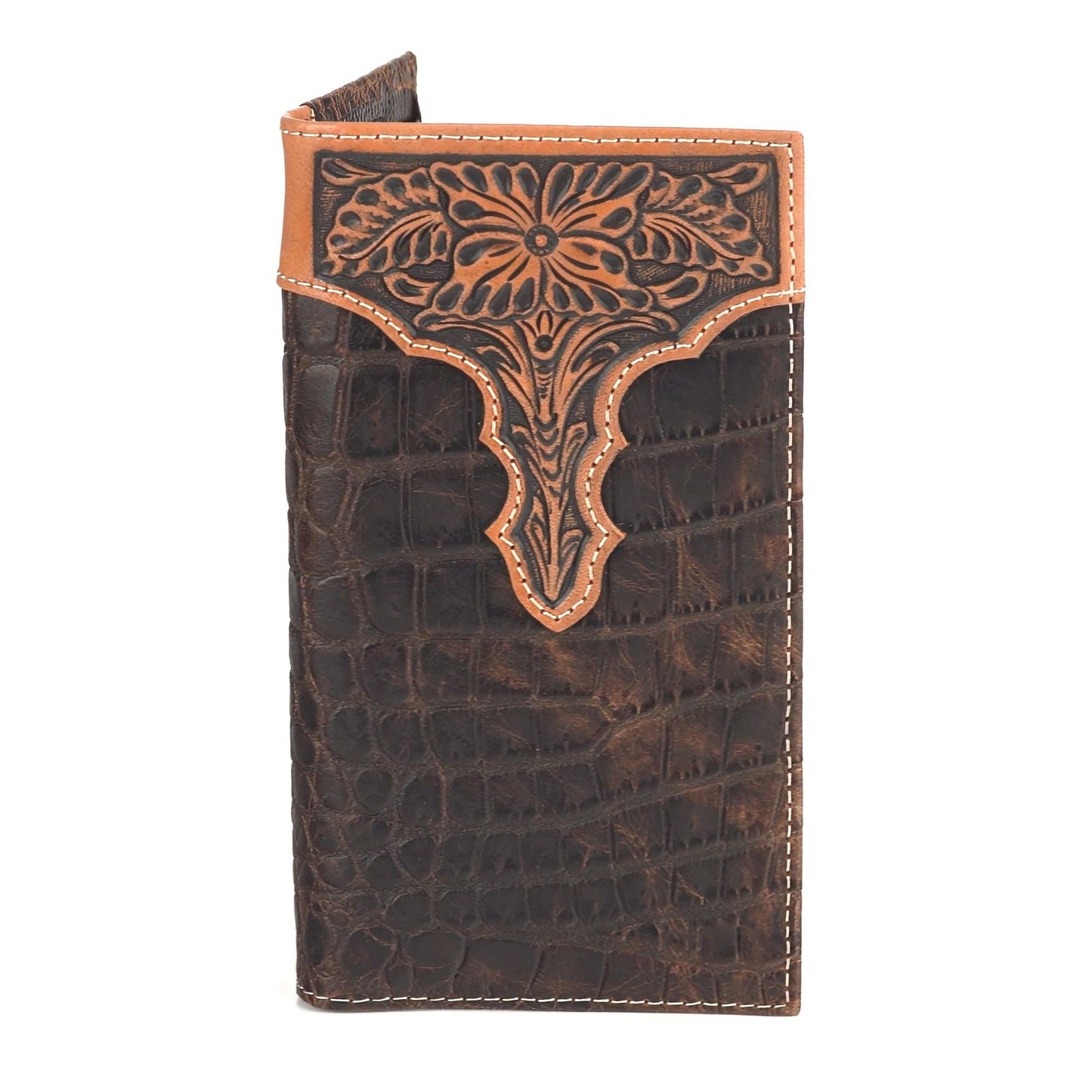 ARIAT Men's Floral Embossed Bi-Fold Rodeo Wallet A3552802 made from genuine leather with western floral detailing.