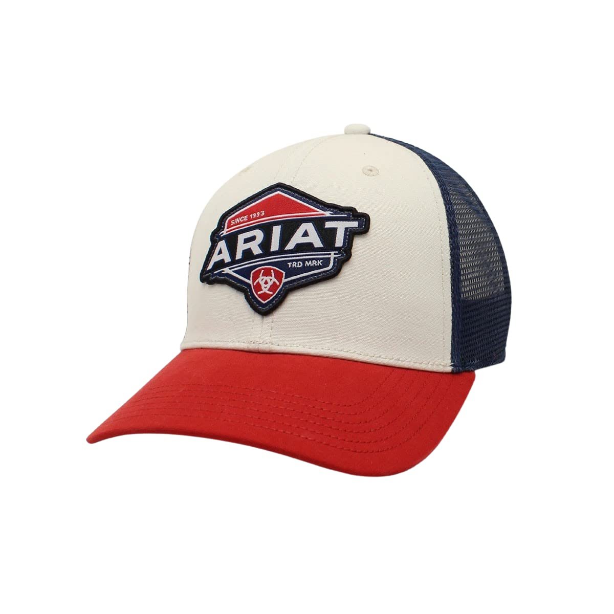 ARIAT Men's Red White & Blue Logo Snapback Hat featuring a patriotic logo, adjustable fit, and classic western style.