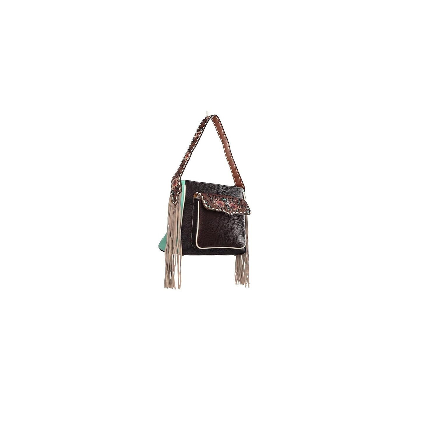 Ariat Monroe Western leather tote bag with floral pierced lace accents, rich brown finish, and roomy everyday carry design.