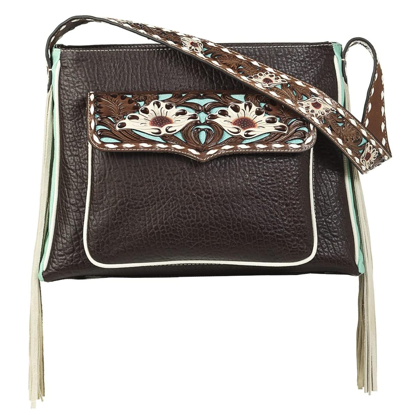 Ariat Women's Monroe Tote Bag in brown featuring genuine leather, floral pierced lace detailing, spacious interior, and classic Western styling.