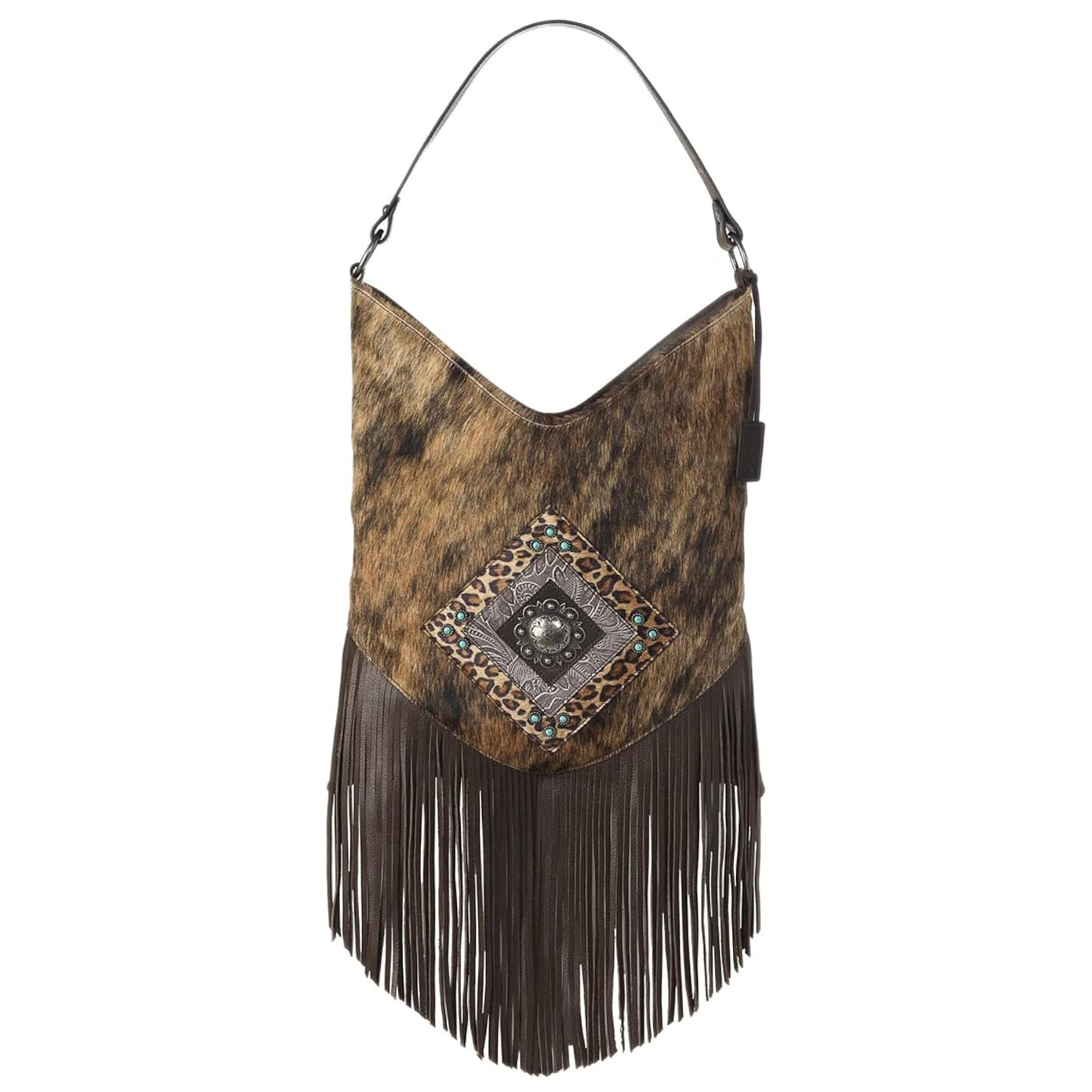 Ariat Women's Nashville Shoulder Bag in brown featuring genuine leather, premium calf hair accents, an adjustable shoulder strap, and timeless Western-inspired styling for everyday wear.
