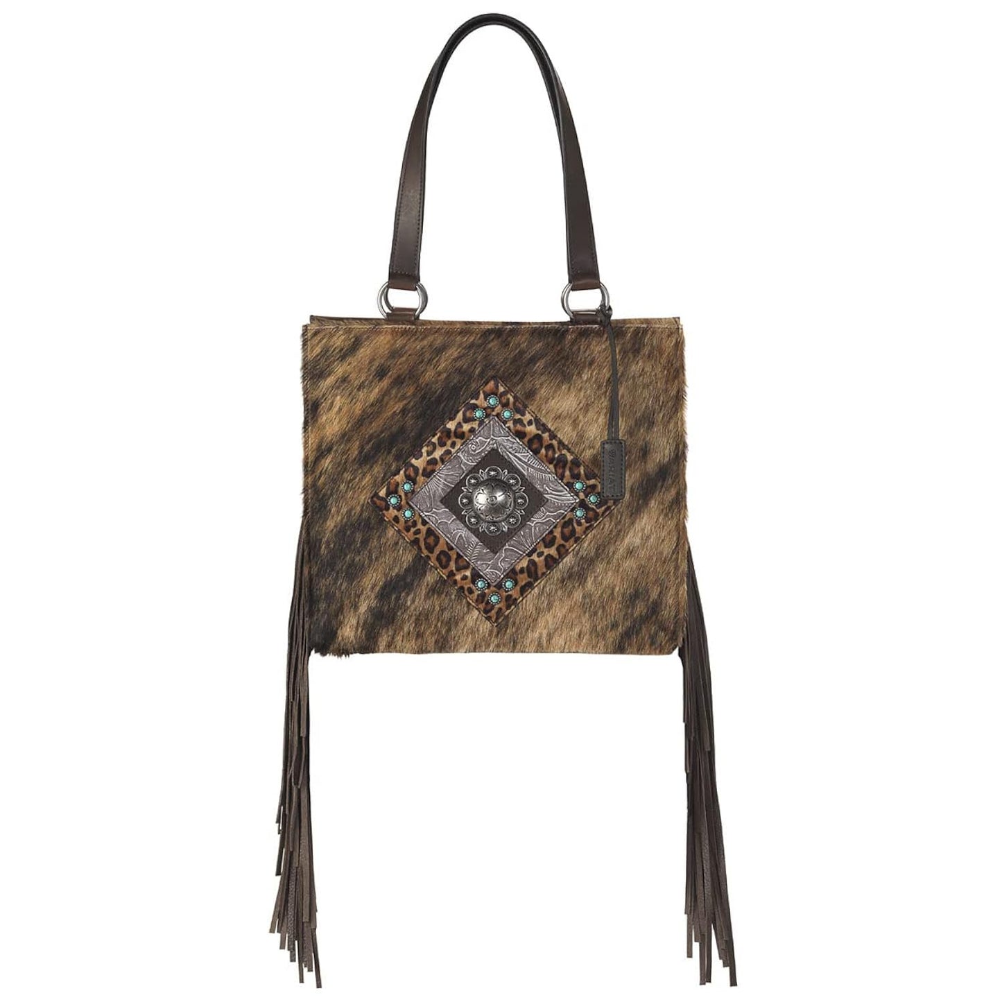 Ariat Women's Nashville Tote Bag in brown featuring genuine leather, premium calf hair accents, spacious interior, and classic Western styling.