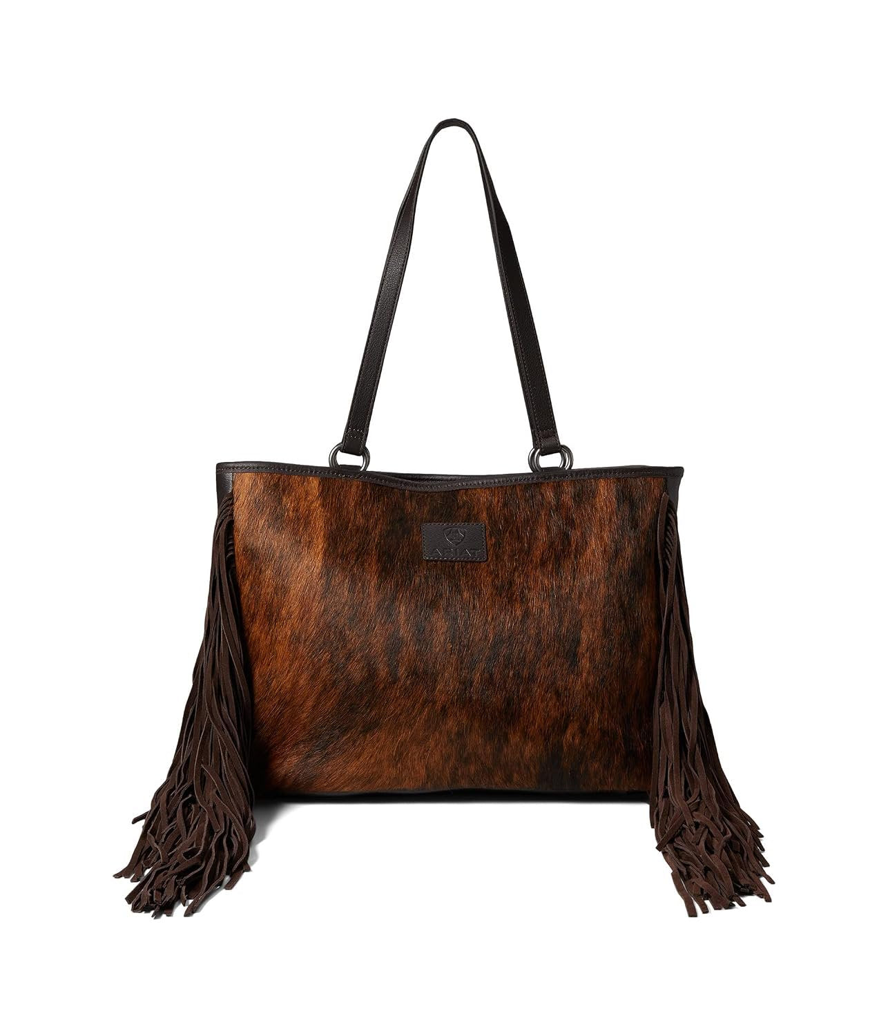 Ariat Women's Scarlet Fringe Tote Bag A770006702 in brown featuring genuine leather, flowing fringe accents, spacious interior, and classic Western-inspired styling.