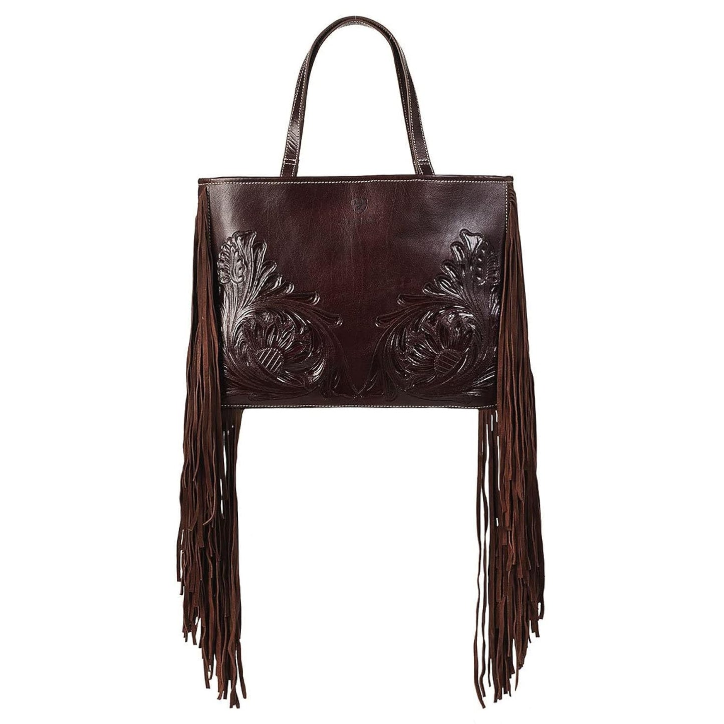 Ariat Women's Victoria Fringe Tote A770009302 featuring genuine brown leather, flowing fringe, concealed carry compartment, and spacious Western tote design.