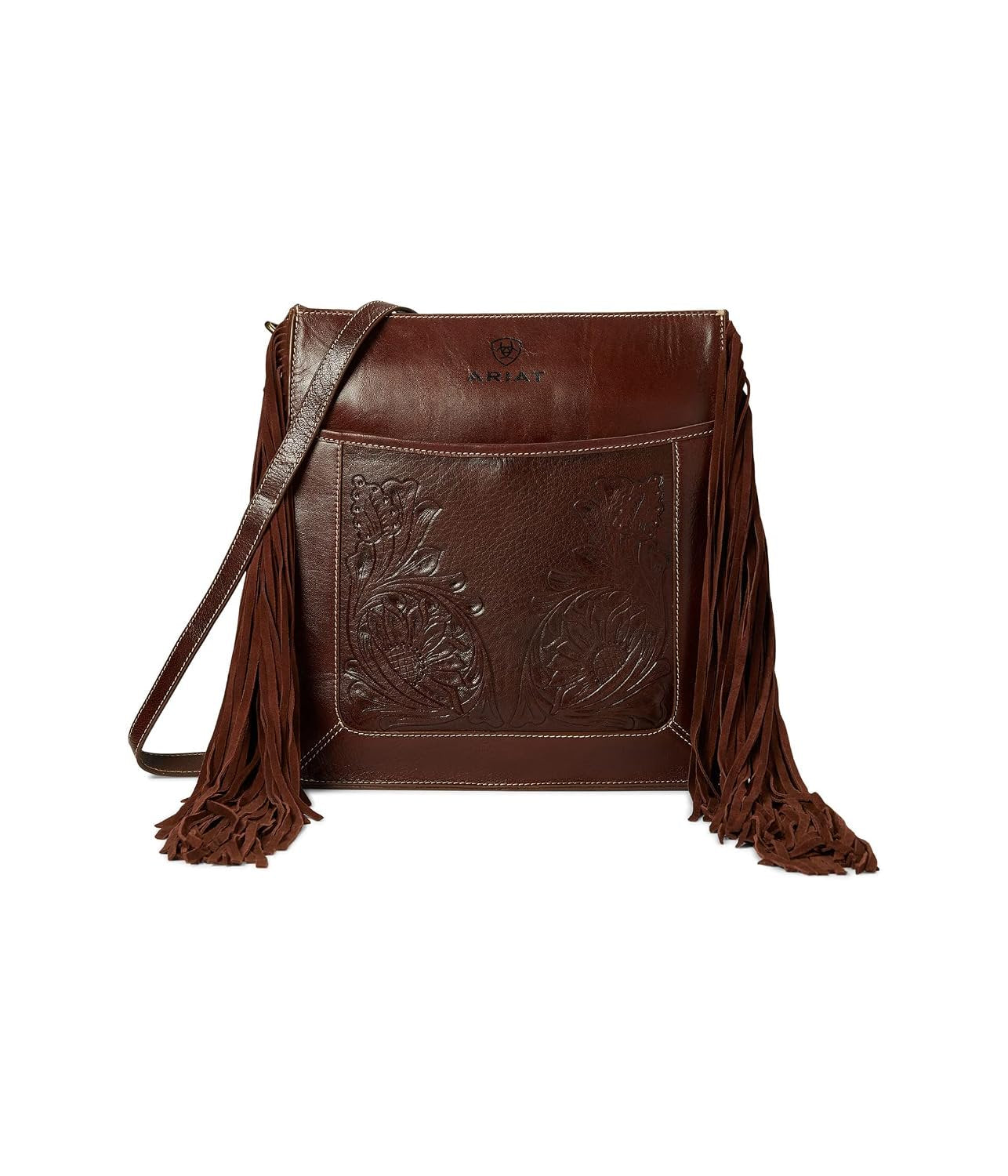 Ariat Women's Victoria Tooled Leather Fringe Concealed Carry Messenger Bag in brown featuring genuine leather, floral tooled detailing, fringe accents, an adjustable shoulder strap, and a discreet concealed carry compartment.