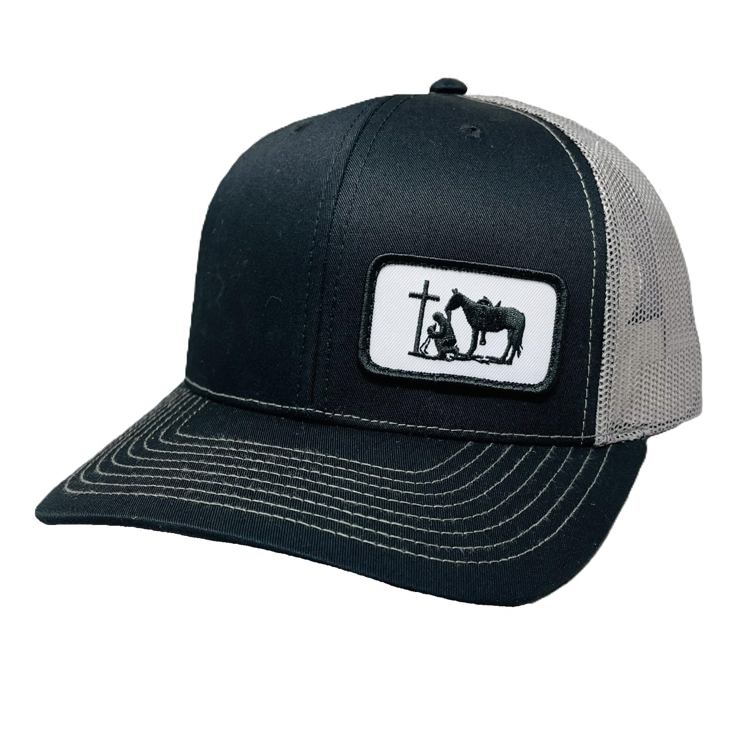 DALLY Christian Cowboy patch mesh trucker hat with adjustable snapback, breathable mesh back, and western lifestyle design.