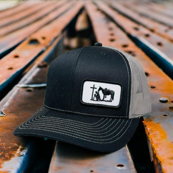 DALLY Christian Cowboy western snapback cap featuring an embroidered cowboy patch, mesh back, and adjustable fit.