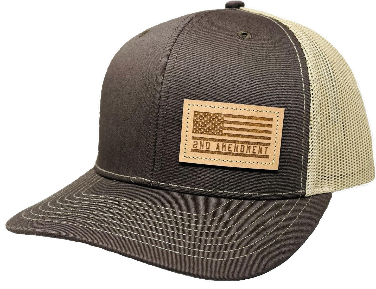 DALLY leather American Flag 2nd Amendment patch mesh trucker hat with adjustable western snapback and breathable mesh back.