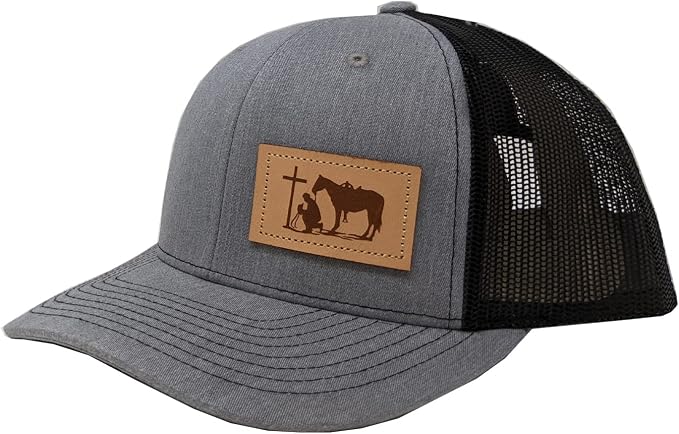 Dally Style 310 Richardson Cowboy Prayer leather patch hat in heather gray and black with adjustable snapback and breathable mesh back.
