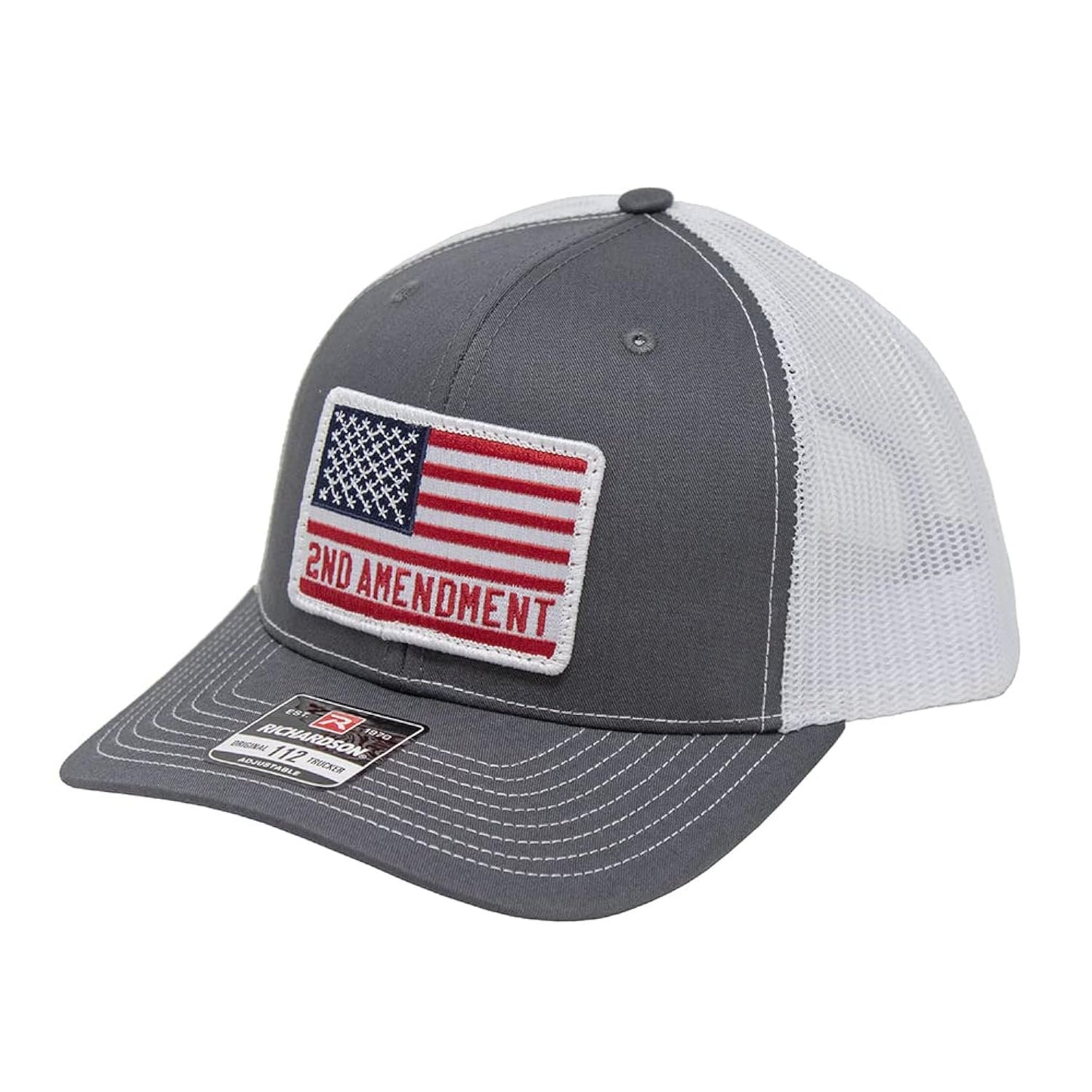 DALLY Up 2nd Amendment Big Patch Hat in charcoal and white featuring a large embroidered patch and adjustable snapback closure.