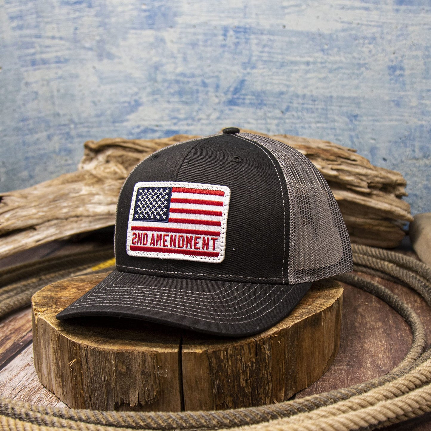 DALLY Up western cap featuring a large 2nd Amendment patch, black front, charcoal mesh back, and adjustable snapback closure.