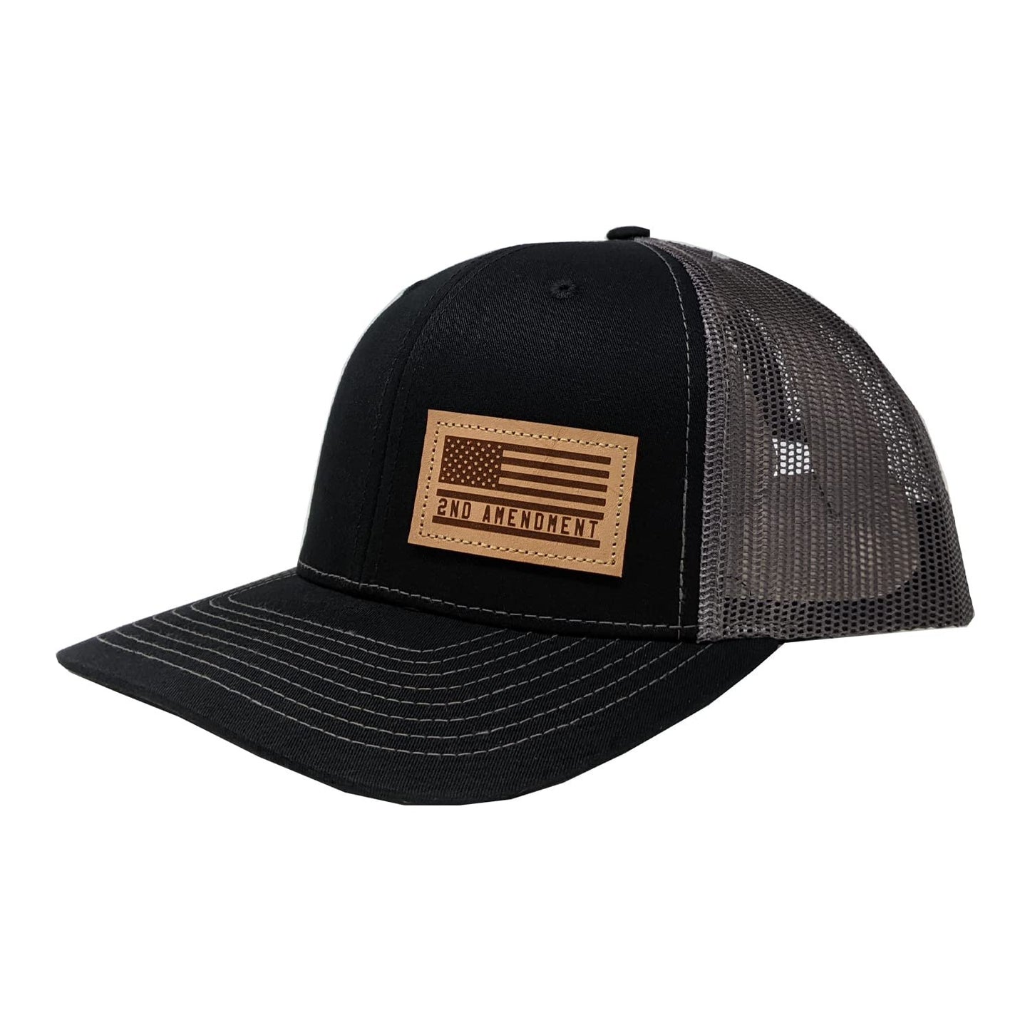 DALLY Up 2nd Amendment leather patch snapback hat in black and charcoal with adjustable 6-panel construction and breathable mesh back.
