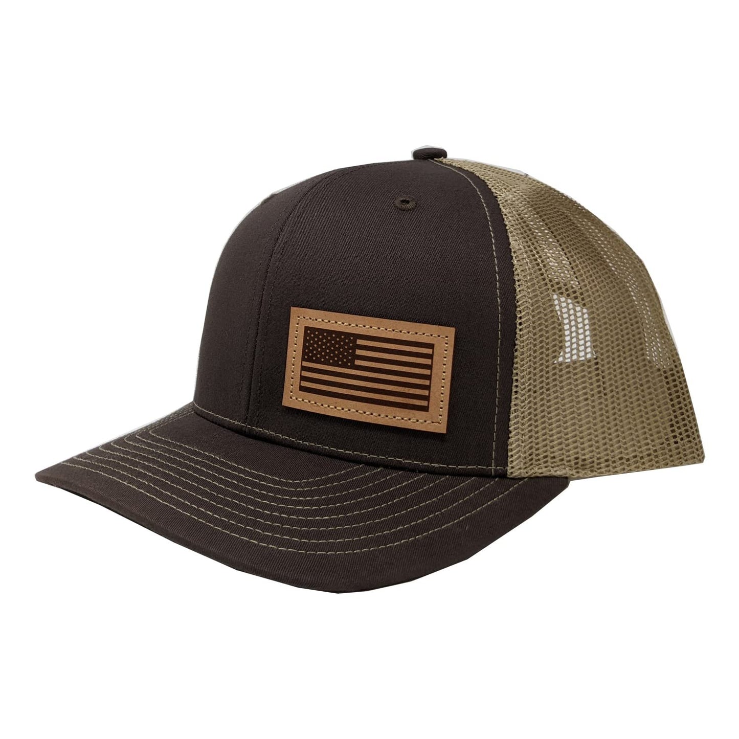 DALLY Up American Flag leather patch hat in brown and tan with adjustable snapback, breathable mesh back, and western lifestyle design.