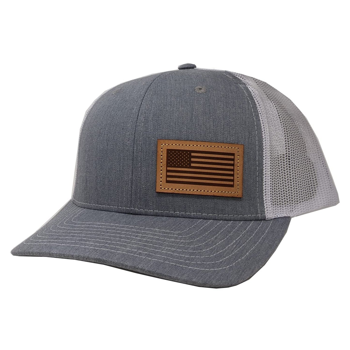 DALLY Up American Flag leather patch hat in grey and white with adjustable snapback, breathable mesh back, and western lifestyle styling.