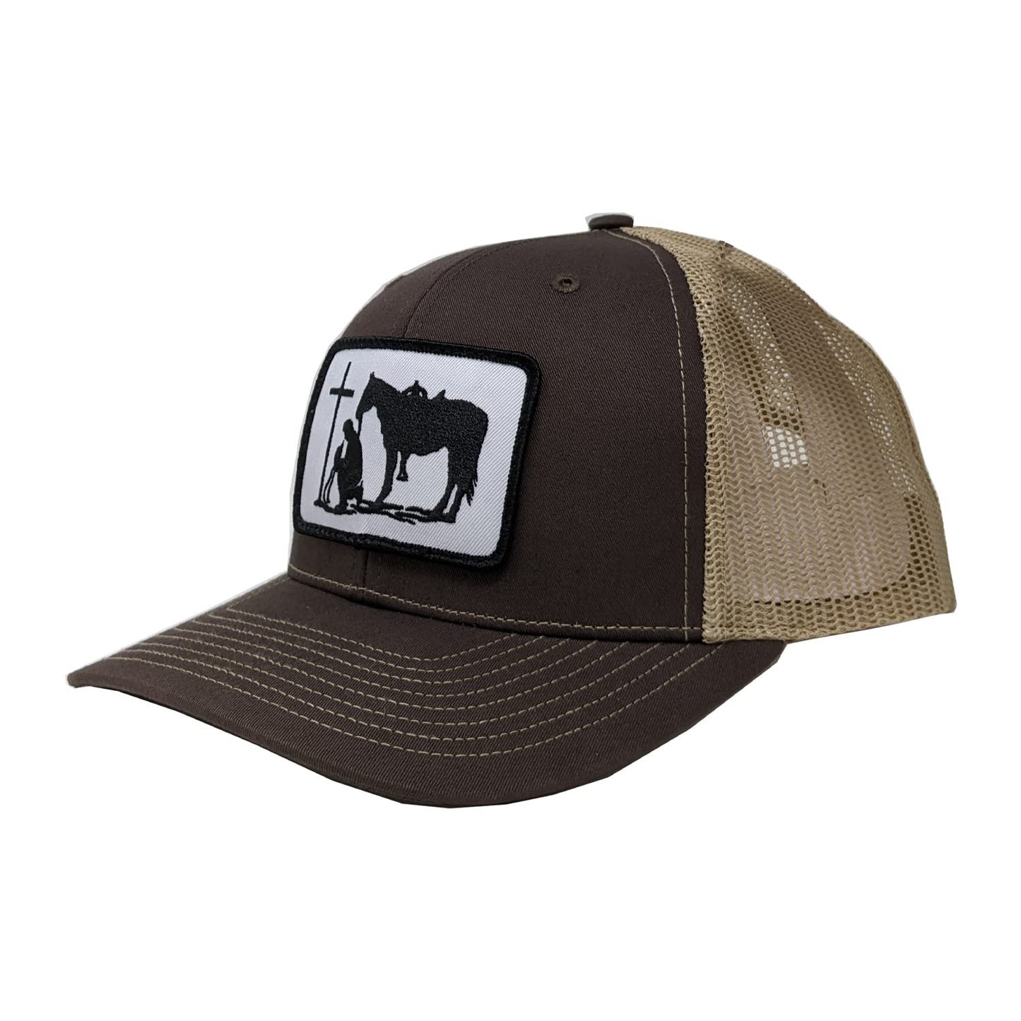 DALLY Up Christian Praying Cowboy Big Patch Hat in brown and tan featuring a large embroidered cowboy praying patch and adjustable snapback closure.