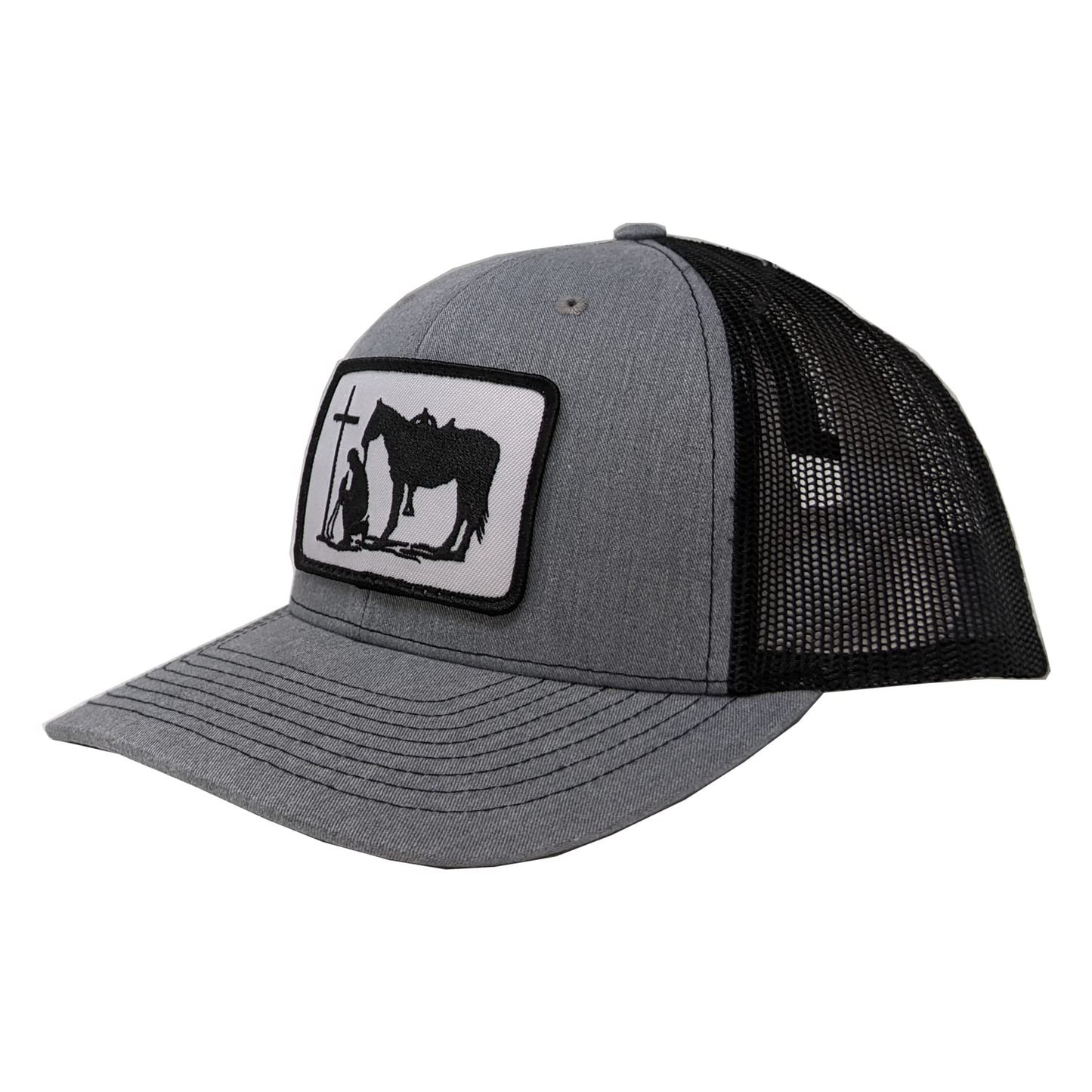 DALLY Up Christian Praying Cowboy Big Patch Hat in heather gray and black featuring a large embroidered praying cowboy patch and adjustable snapback closure.