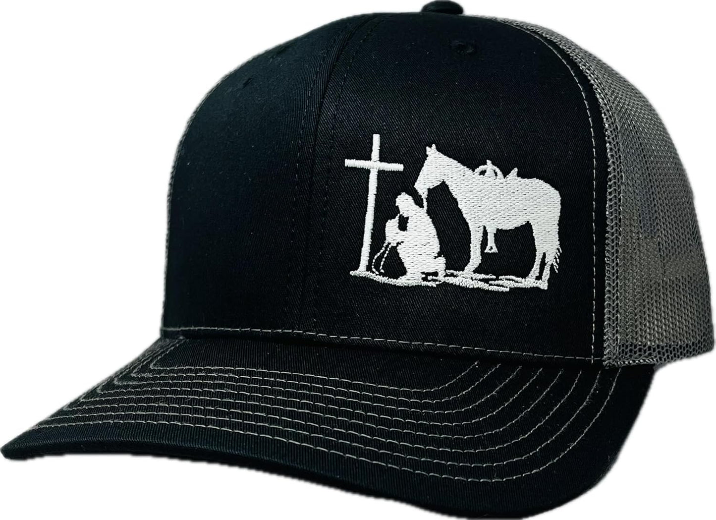 DALLY Up Christian Praying Cowboy Patch adjustable snapback trucker hat featuring an embroidered praying cowboy patch and classic Western style.