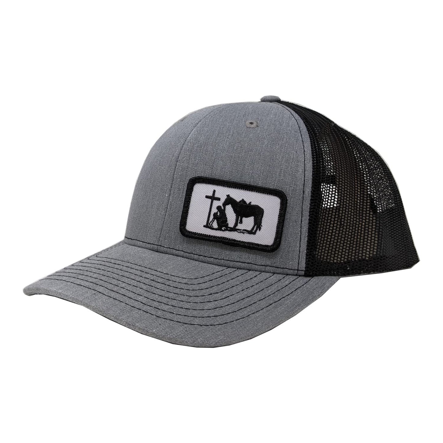 DALLY Up Christian Praying Cowboy small patch snapback hat in heather gray and black with adjustable 6-panel construction and breathable mesh back.