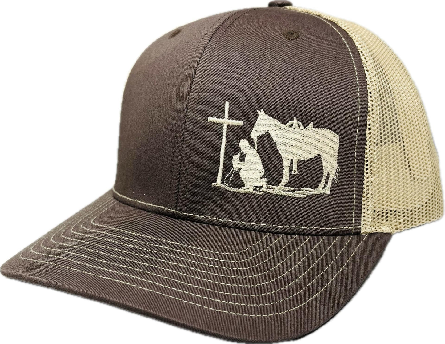 DALLY Up Praying Cowboy snapback hat in brown and tan featuring embroidered western artwork and an adjustable fit.