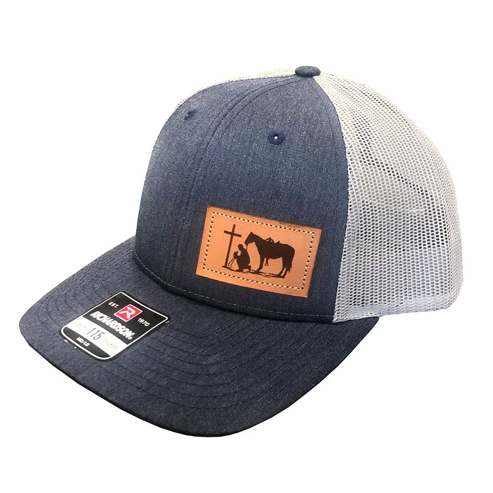 DALLY Up Praying Cowboy leather patch western trucker hat in navy and grey with adjustable snapback and breathable mesh back.