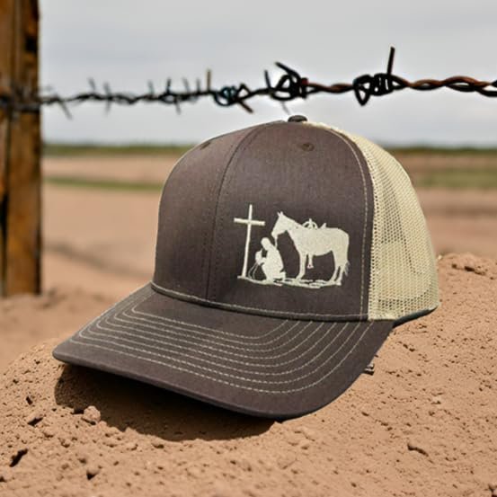 Front view of the DALLY Up Praying Cowboy western lifestyle cap showcasing detailed embroidered cowboy artwork.