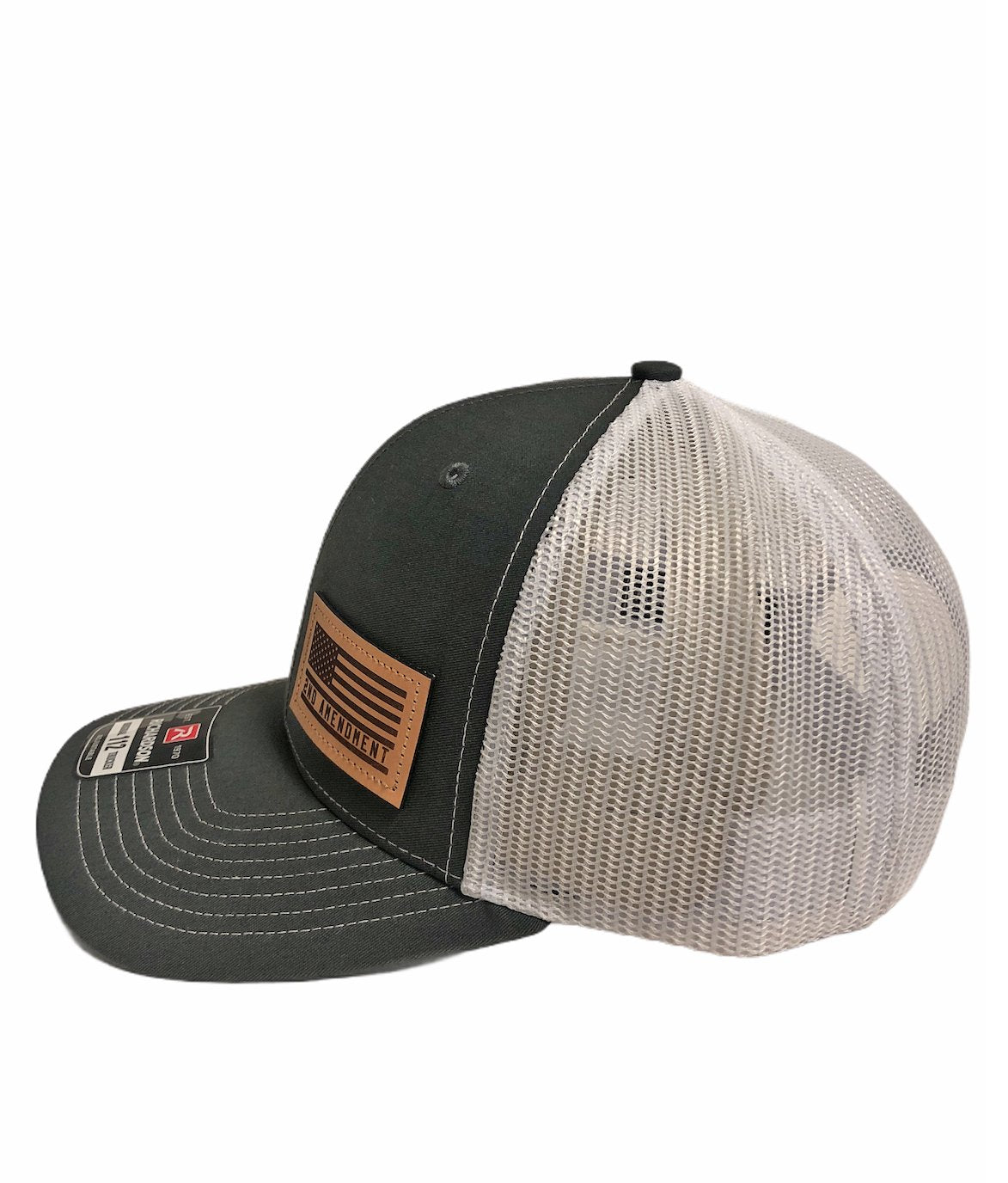 DALLY Up Richardson western cap featuring an American Flag 2nd Amendment patch, charcoal front, white mesh back, and adjustable snapback.