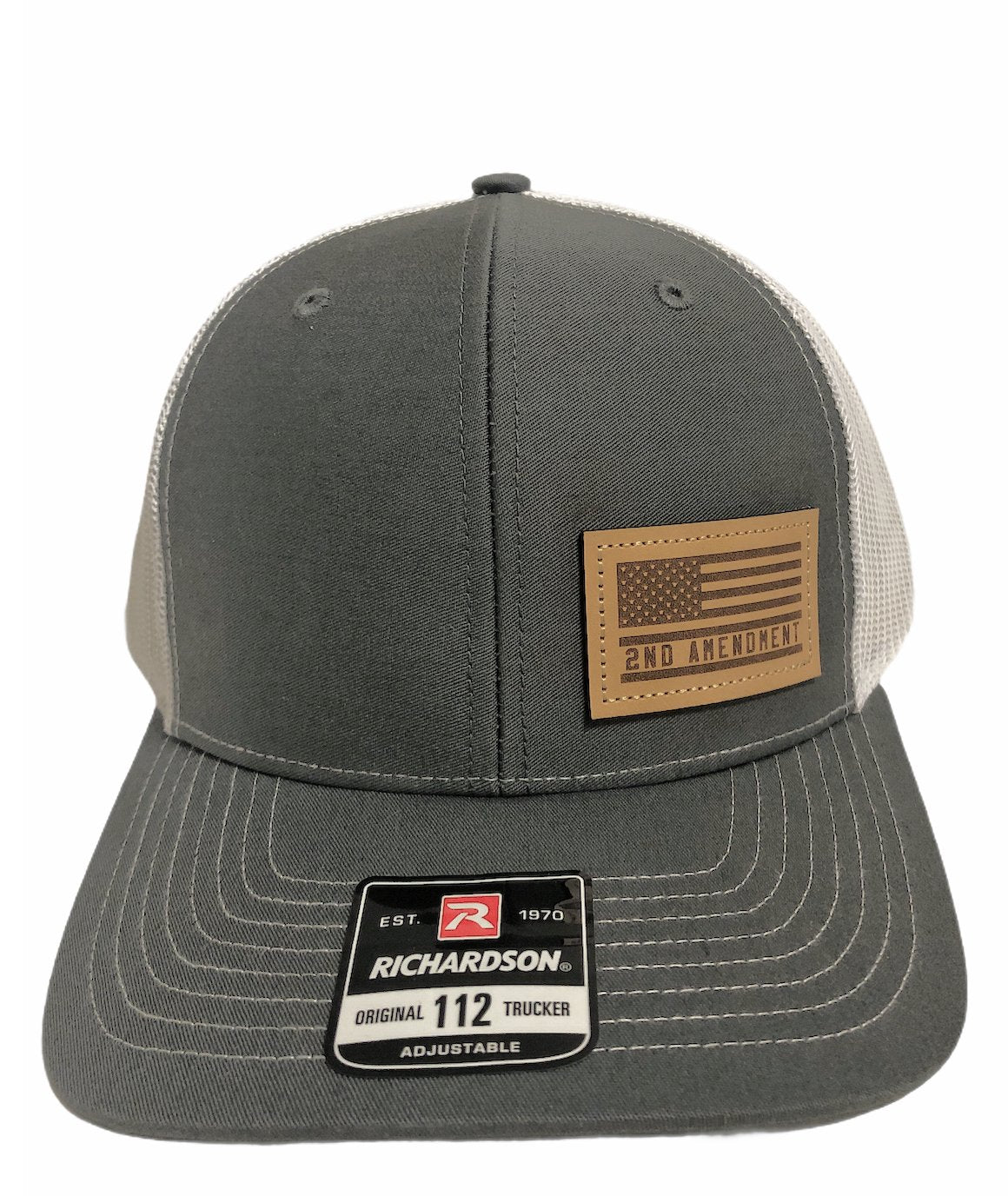 DALLY Up Richardson American Flag 2nd Amendment patch hat in charcoal and white with adjustable snapback and breathable mesh back.