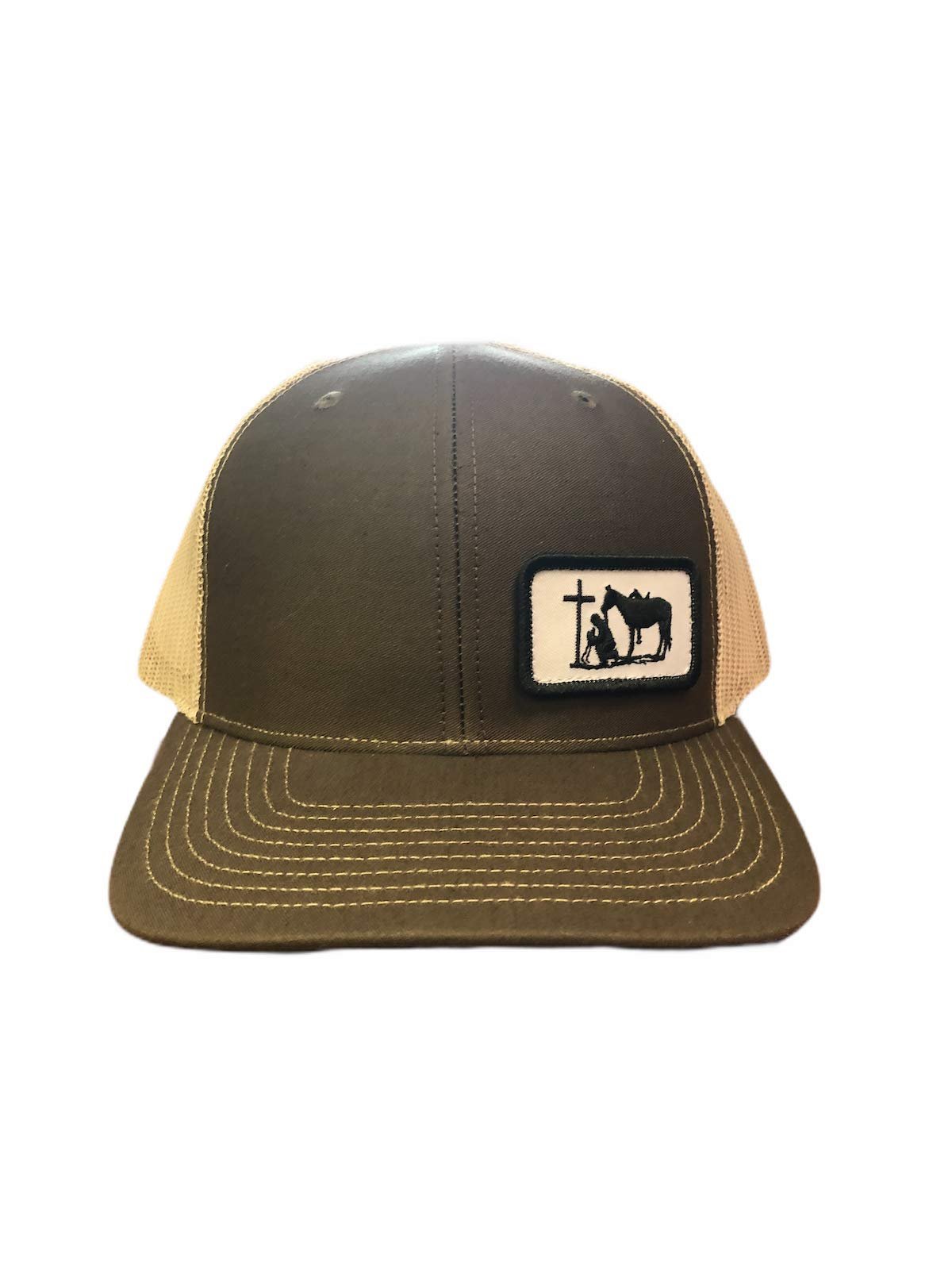 DALLY Up Richardson Praying Cowboy patch hat in brown and tan with adjustable snapback and breathable mesh back for western lifestyle wear.