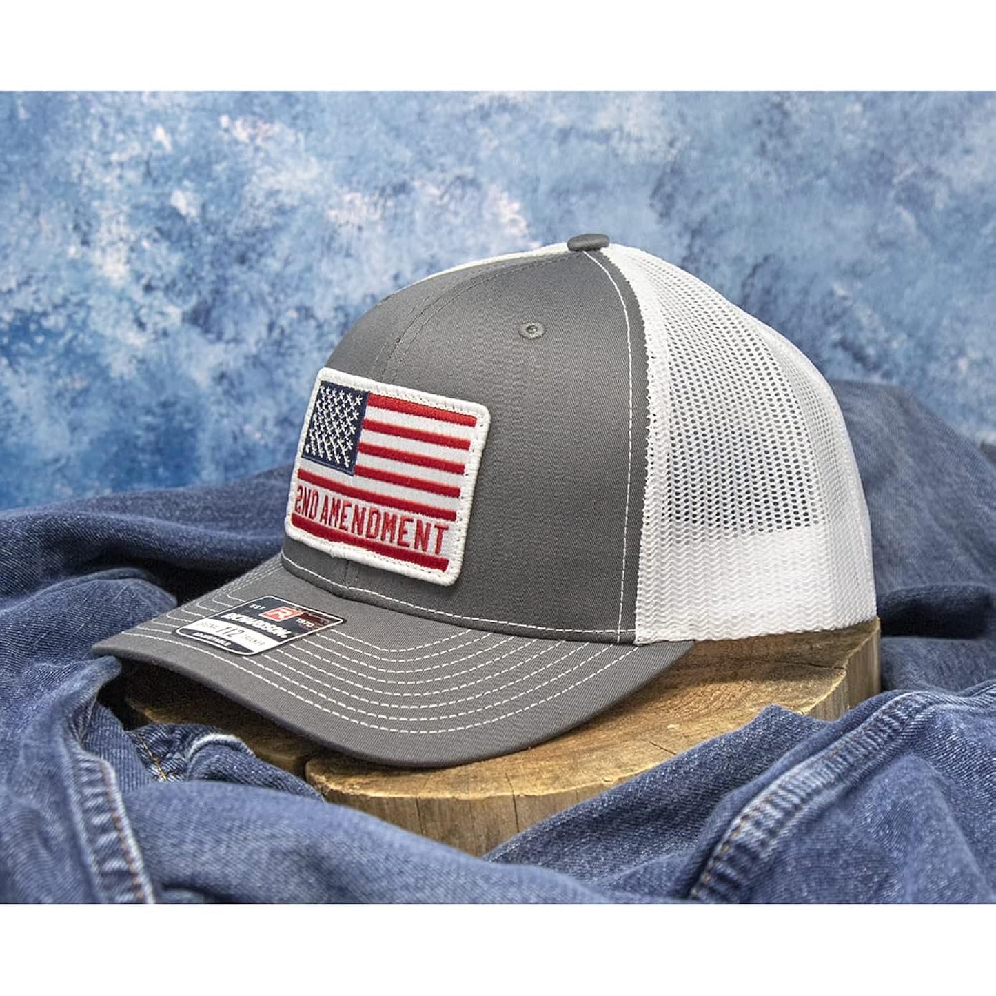 Front view of the DALLY Up 2nd Amendment Western snapback hat in charcoal and white with oversized embroidered patch.