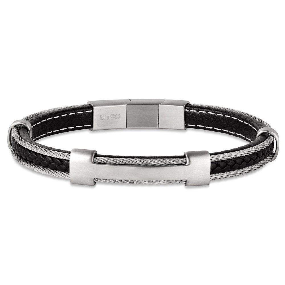 Black leather Dust Country bracelet by Montana Silversmiths with gunmetal stainless steel accents and magnetic closure.