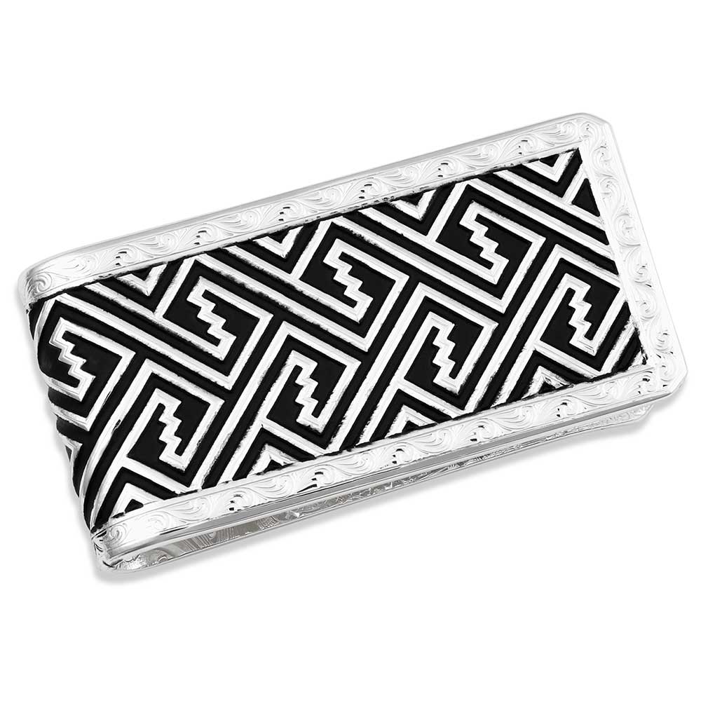 Front-facing view of the Custom Desert Twilight Southwestern Money Clip, featuring a bold black geometric pattern framed by bright-cut silver engravings.