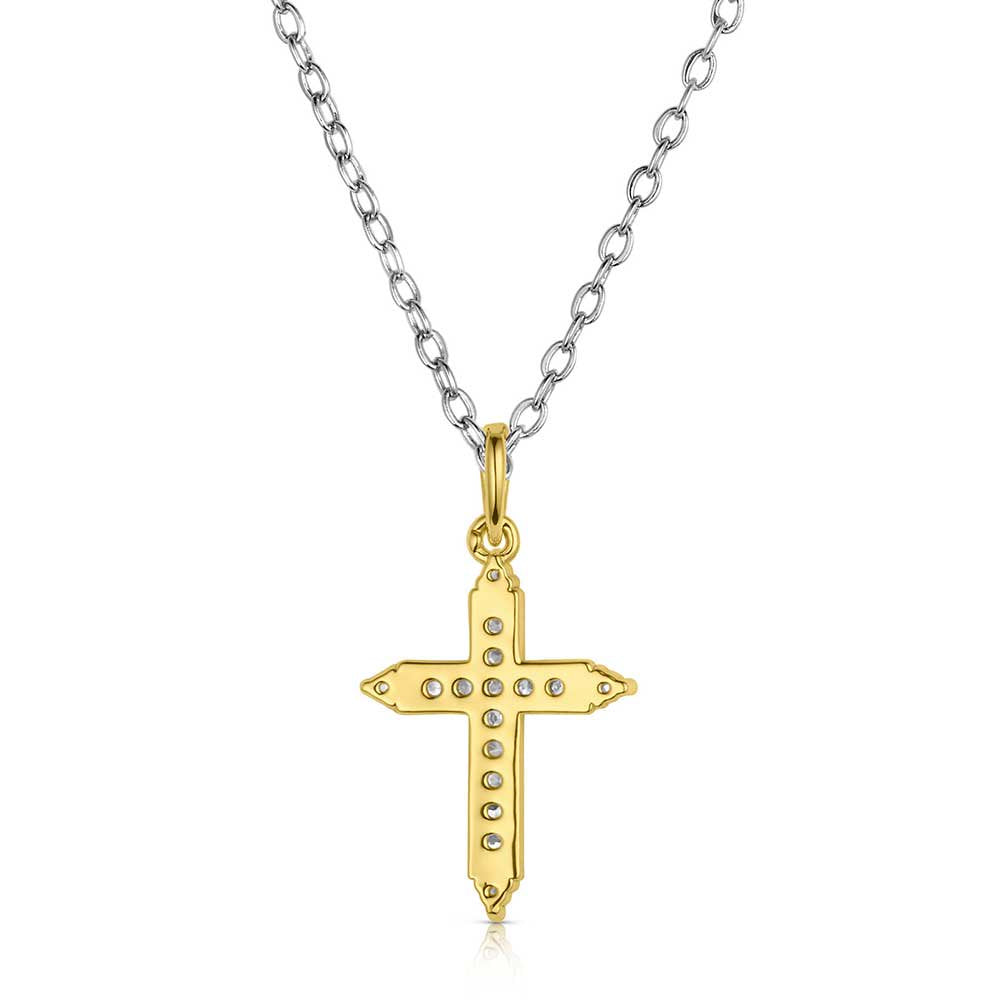 Gold cross crystal Western necklace by Montana Silversmiths featuring brilliant crystal details, polished gold-tone craftsmanship, and timeless Christian cowgirl style.