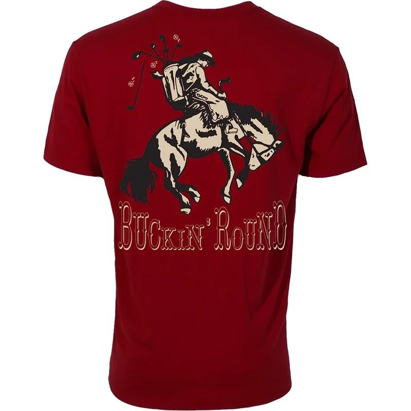 Back view of HOOEY Men's Buckin' Round western golf graphic t-shirt