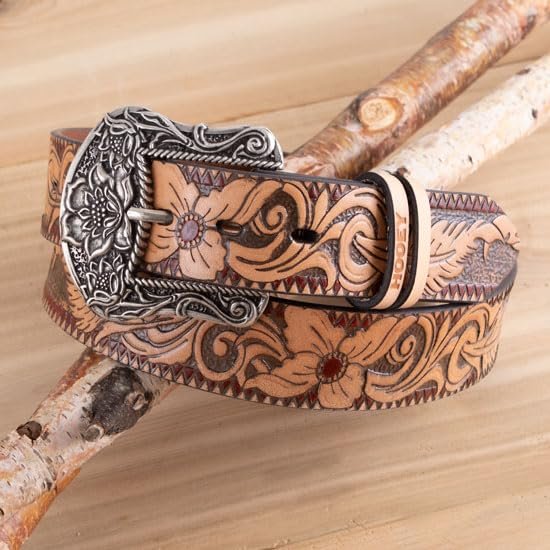 Full View of Hooey Ladies Flora Western Belt Natural Brown Red Leather