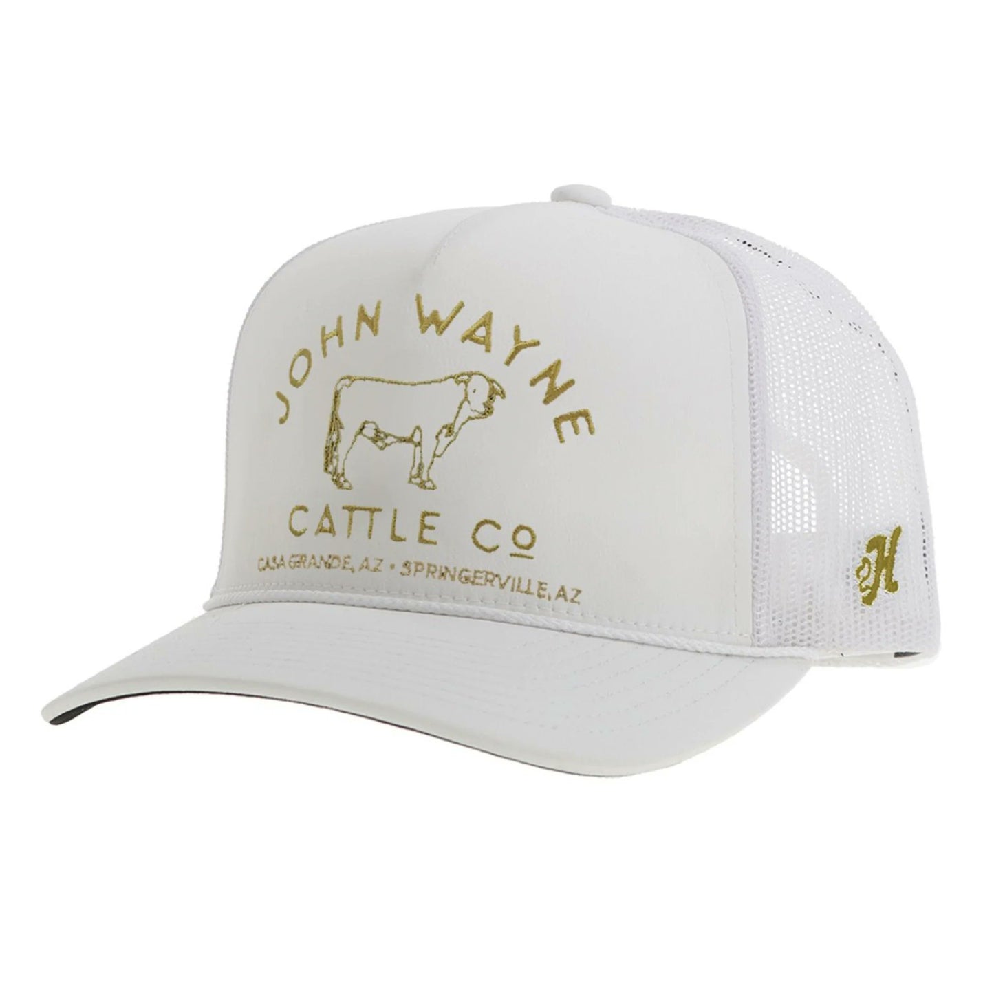 HOOEY John Wayne Cattle Co. white trucker hat front view featuring western logo patch and adjustable snapback fit