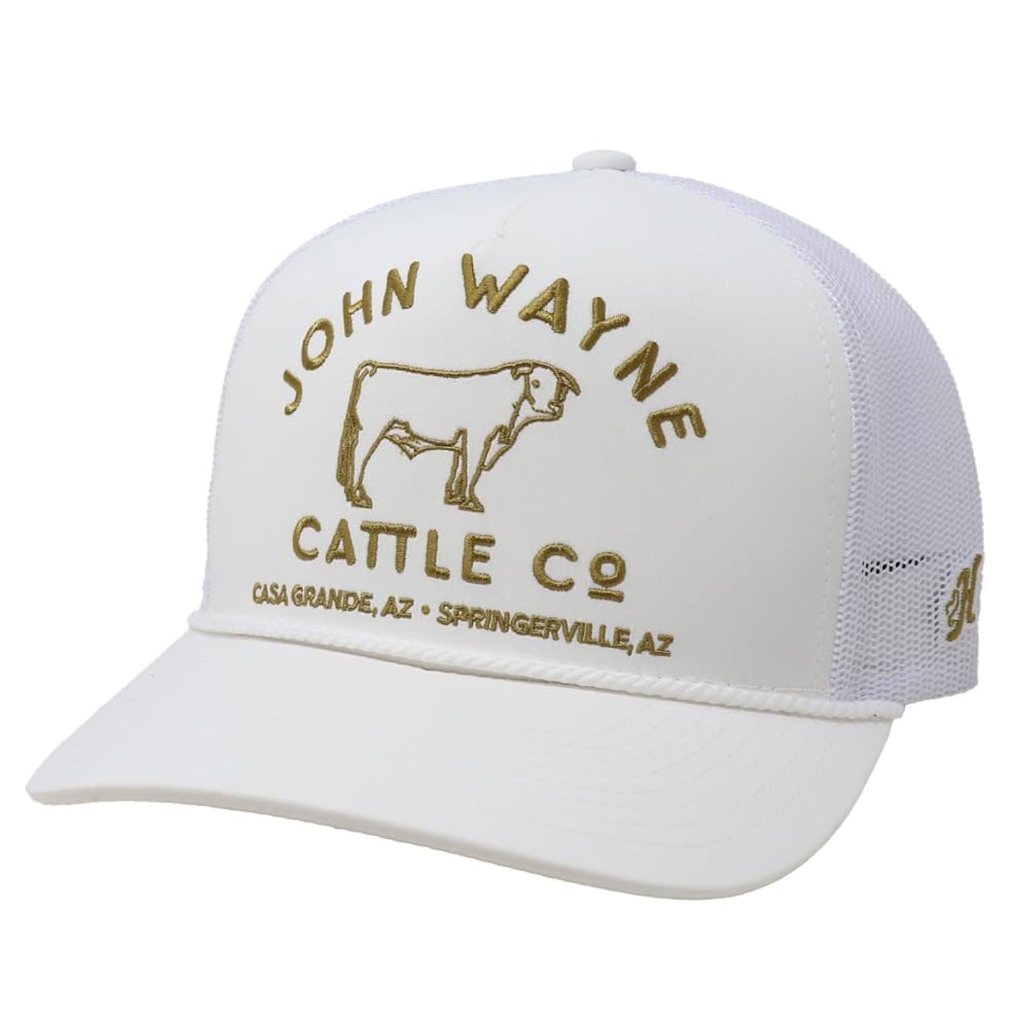 HOOEY Men's John Wayne Cattle Company white adjustable trucker hat featuring an embroidered front patch and breathable mesh back.