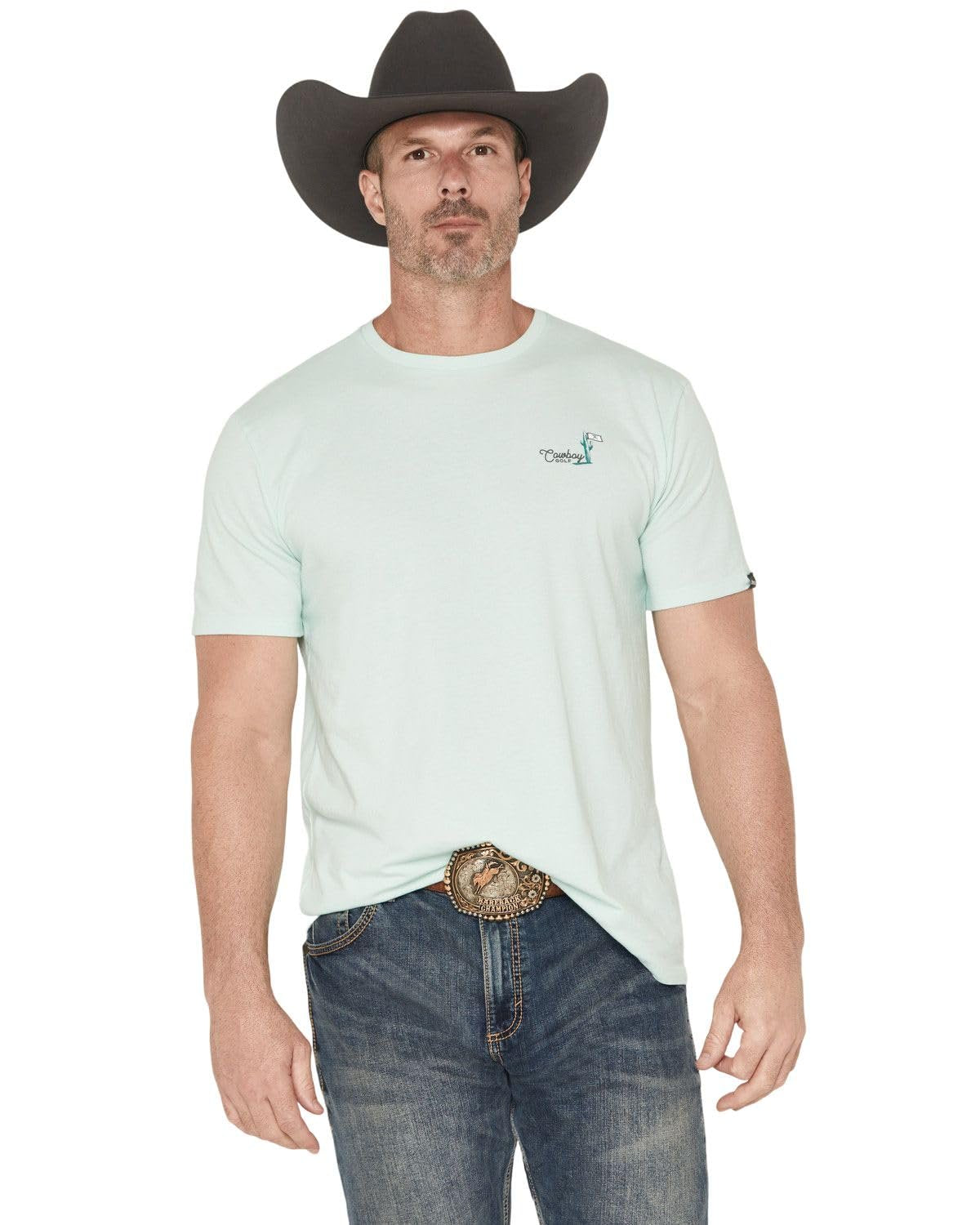 HOOEY Men's Aqua Cowboy Golf Shirt Western Golf Graphic T-Shirt Front View