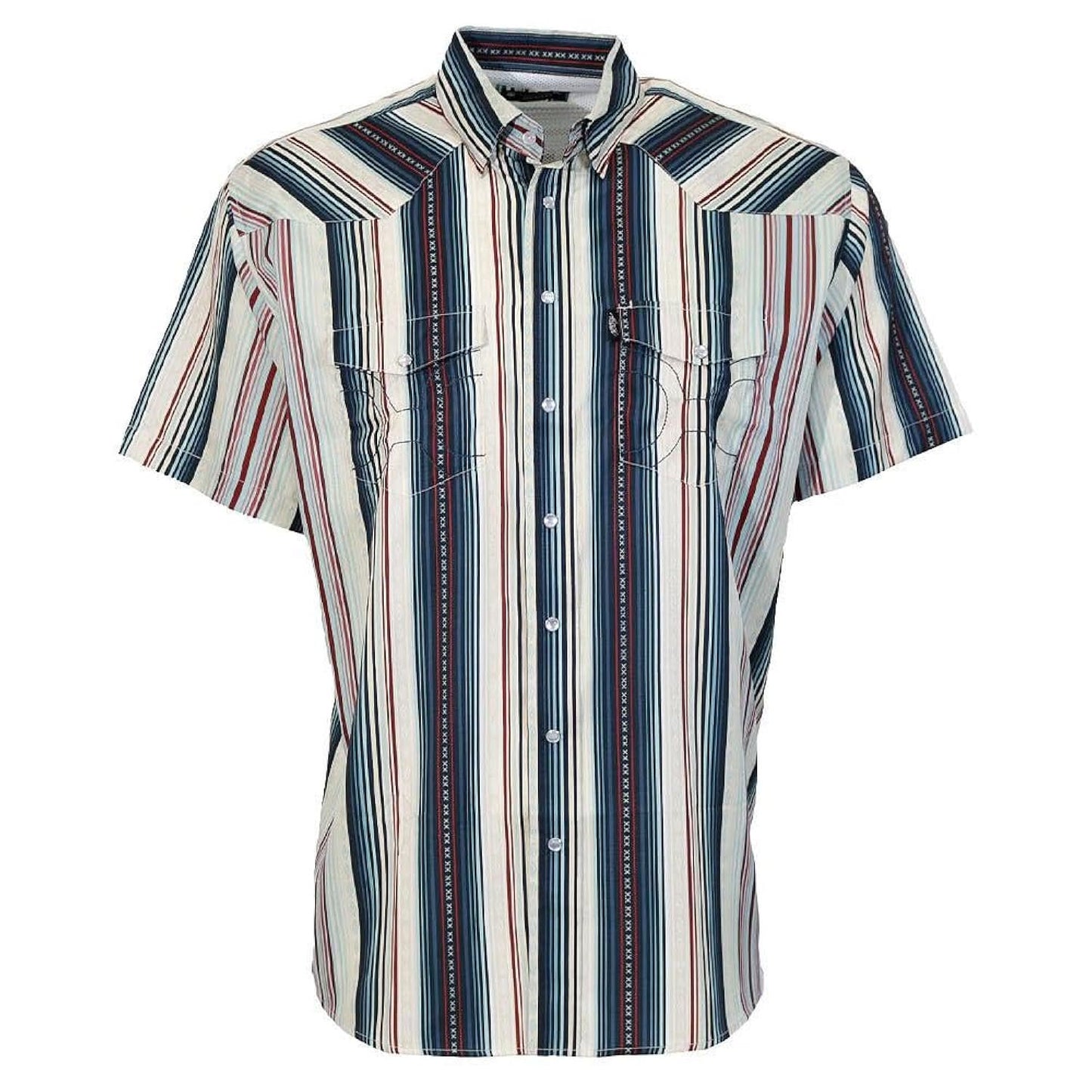 HOOEY Men's Sol navy stripe short sleeve western shirt featuring pearl snap buttons and classic cowboy style.