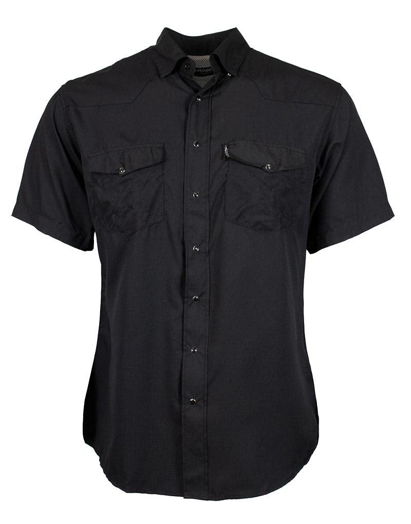 HOOEY Men's Sol Short Sleeve Pearl Snap Shirt Black Lightweight Western Performance Shirt Front View